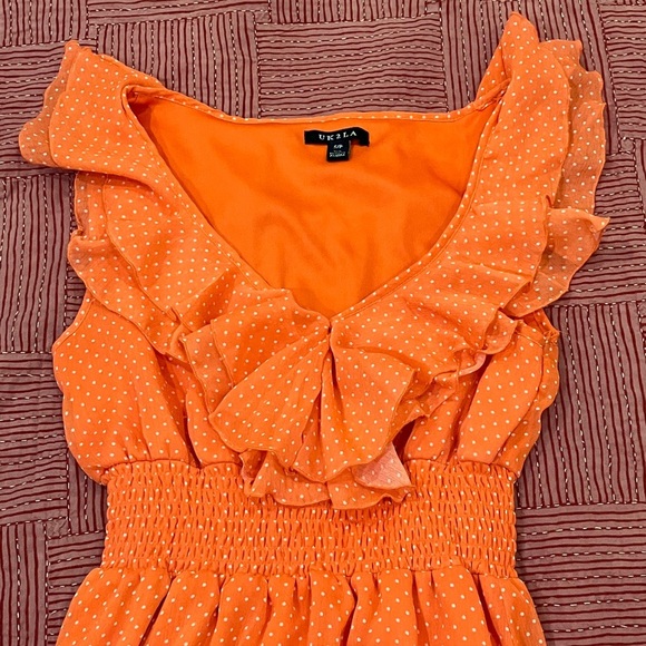 UK2LA women’s small Vibrant Orange polka dot ruffled lined Dress - Picture 3 of 13
